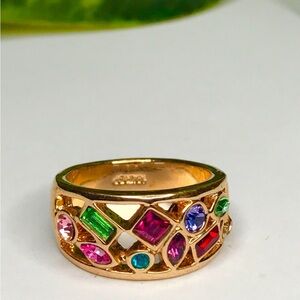 Austrian Crystal 18k Gold Plated Multi Color Gemstone Ring Women Size 7